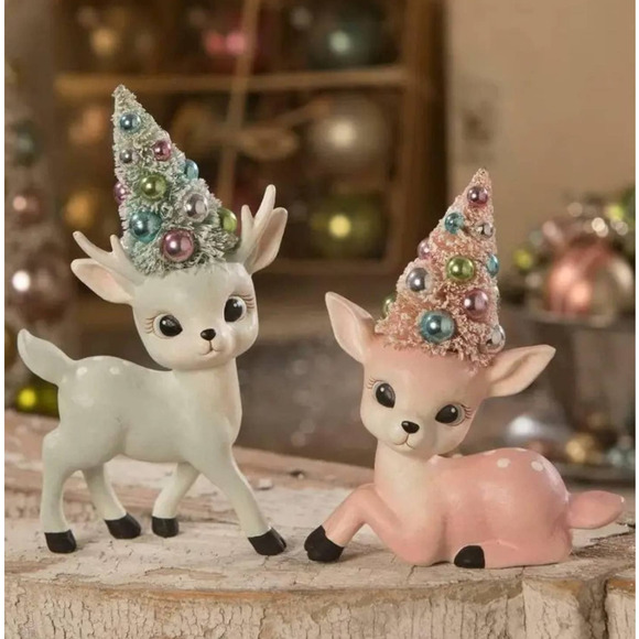 Set of 2 Bethany Lowe Pastel Pink Aqua Blue Reindeer Deer Bottle Brush Tree NEW - Picture 1 of 5